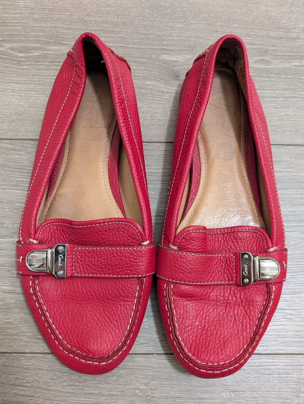 Coach "Pauleen" Red Pebbled Leather Contrast Stitching Loafers Silver Buckle•10B